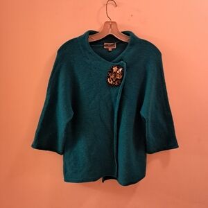 JM Collection Sweater Jacket Women's Medium M Teal Green Brooch 100% Wool Winter